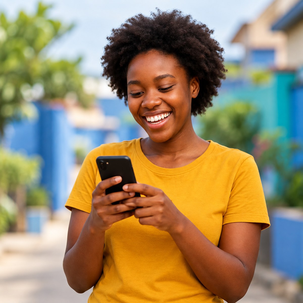 Smiling Black African woman using her smartphone